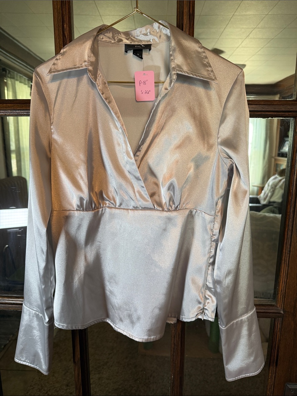 Iz Byer Silver Satin Surplice Long-Sleeve Blouse
